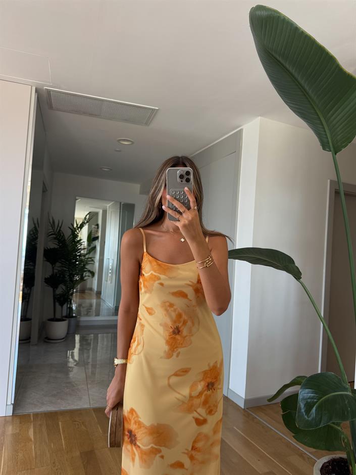 Sarı Çiçekli Tül Elbise