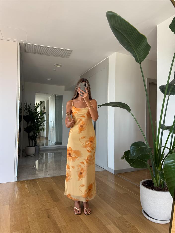 Sarı Çiçekli Tül Elbise