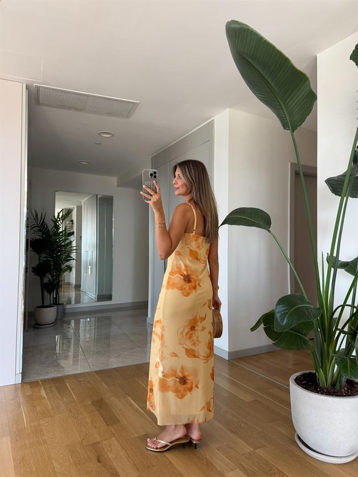 Sarı Çiçekli Tül Elbise