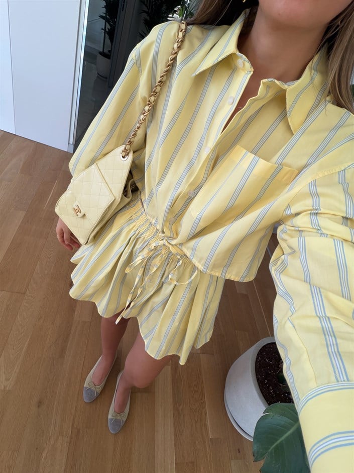 Sarı Çizgili Şort Etek Takım 