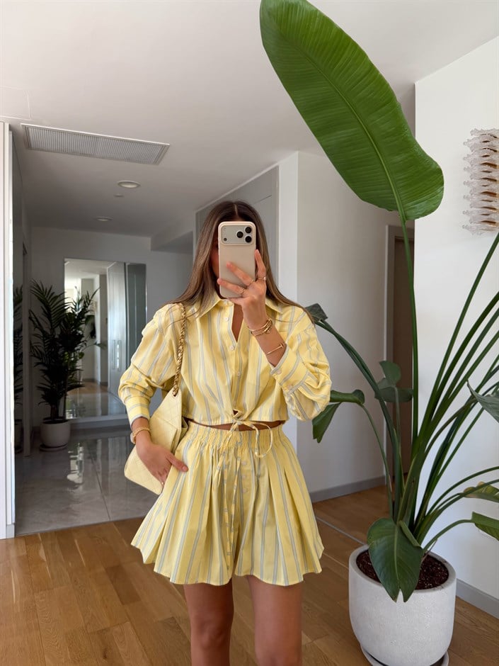 Sarı Çizgili Şort Etek Takım 