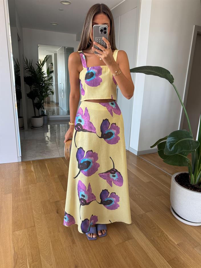 Sarı Mor Çiçekli Keten Dokulu Takım