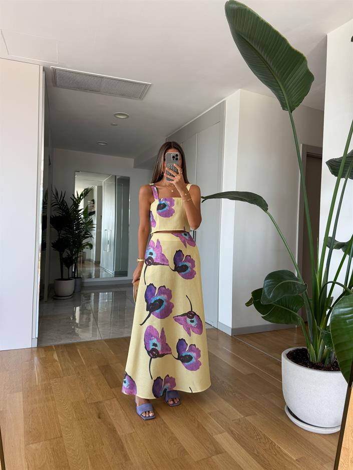 Sarı Mor Çiçekli Keten Dokulu Takım