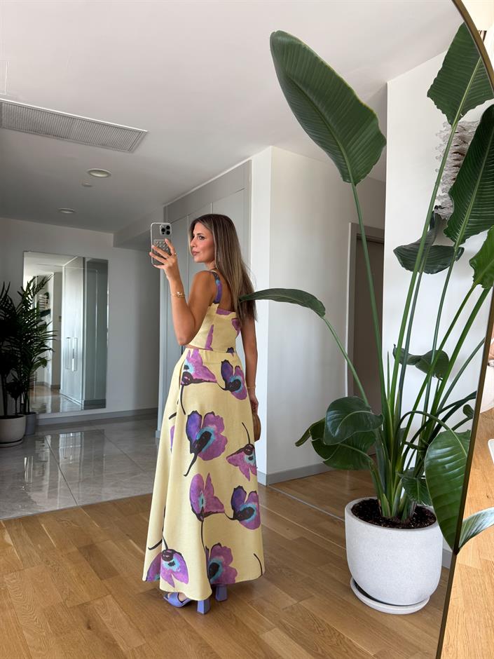 Sarı Mor Çiçekli Keten Dokulu Takım