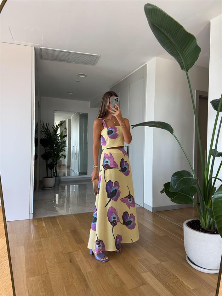 Sarı Mor Çiçekli Keten Dokulu Takım