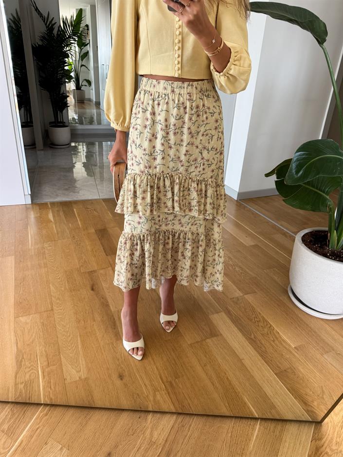 Sarı Şifon Kat Kat Çiçekli Etek 