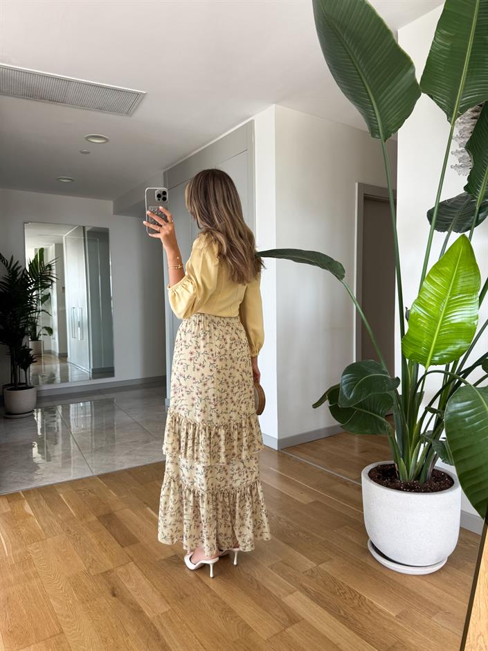 Sarı Şifon Kat Kat Çiçekli Etek 