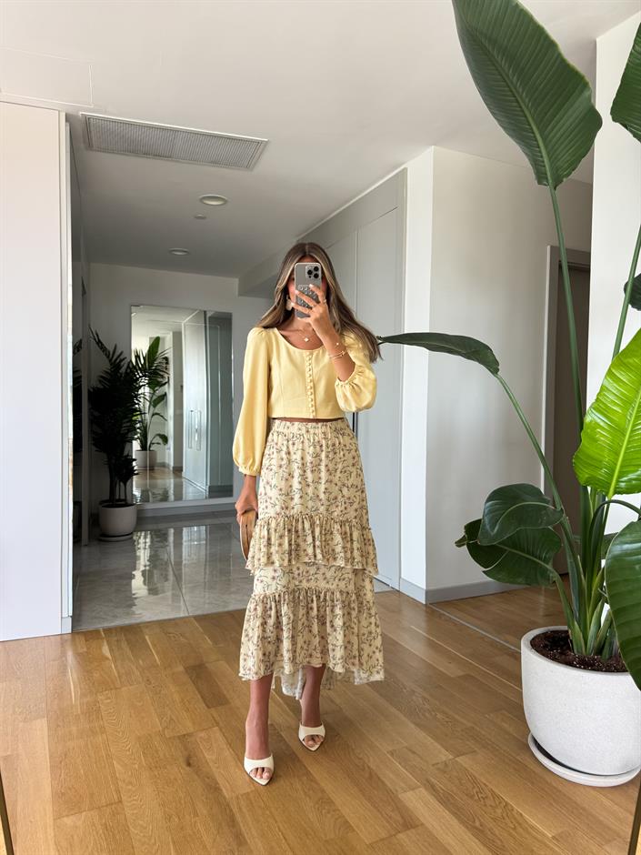 Sarı Şifon Kat Kat Çiçekli Etek 
