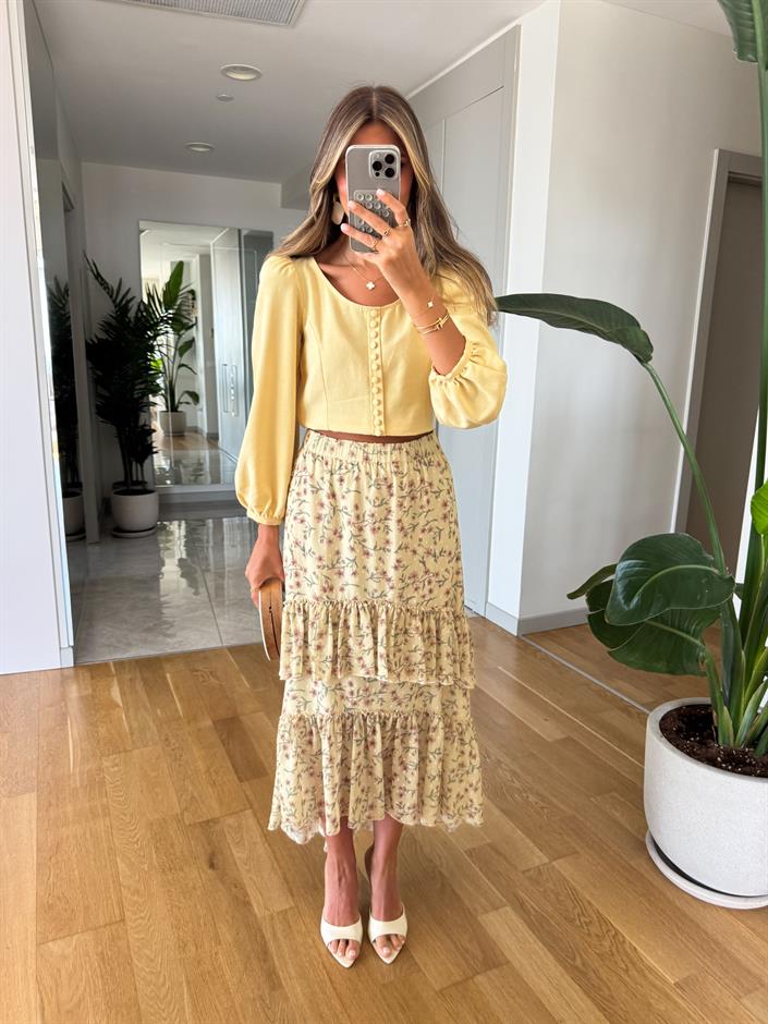Sarı Şifon Kat Kat Çiçekli Etek 