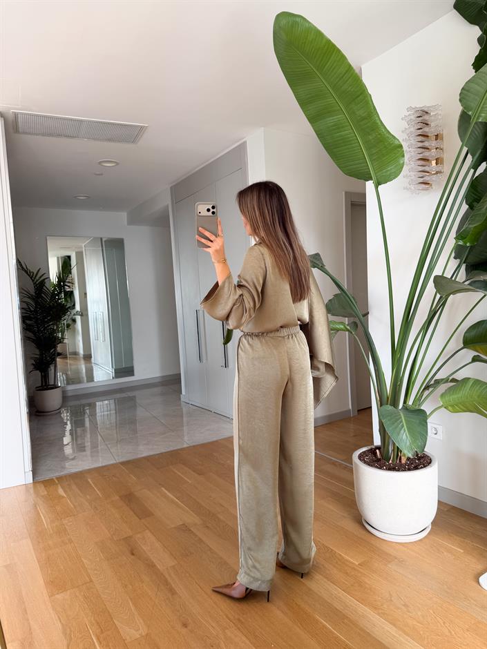 Saten Şallı Bluz Pantolon Takım - Çağla Yeşili