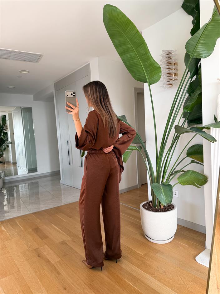 Saten Şallı Bluz Pantolon Takım - Kahve