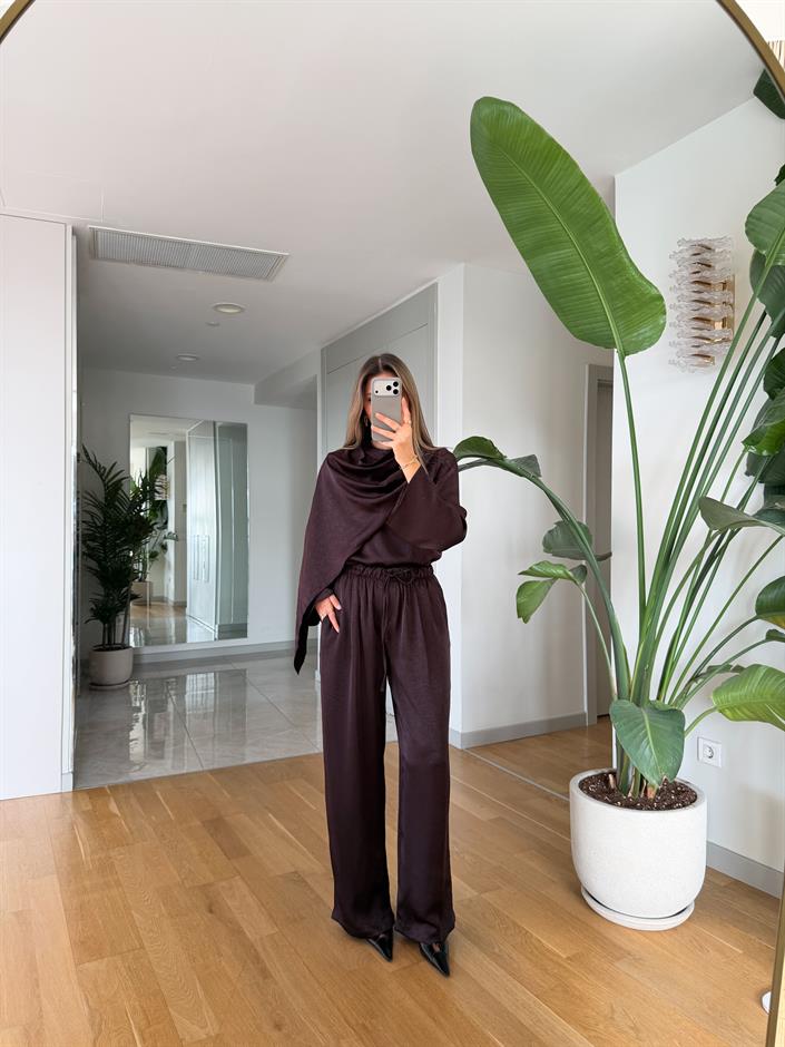 Saten Şallı Bluz Pantolon Takım - Mürdüm