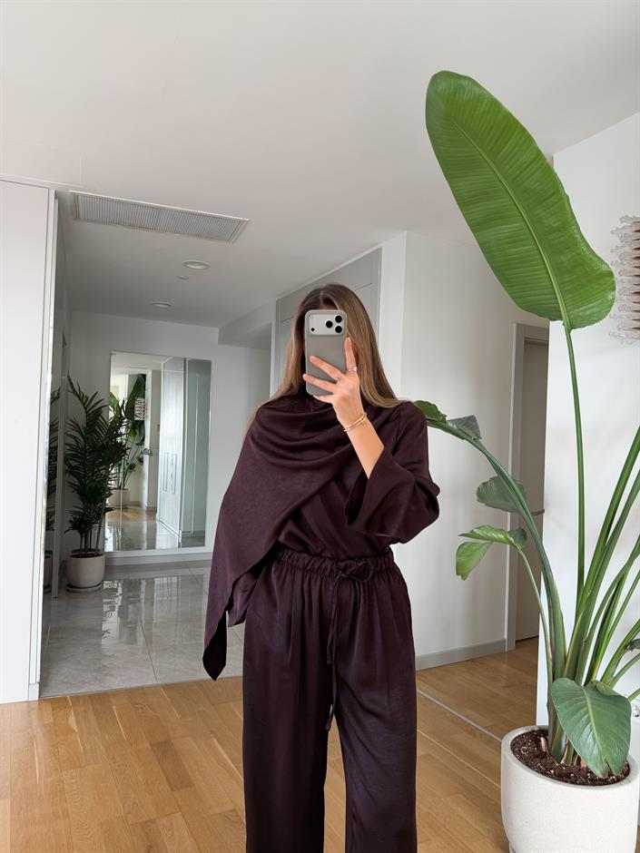 Saten Şallı Bluz Pantolon Takım - Mürdüm