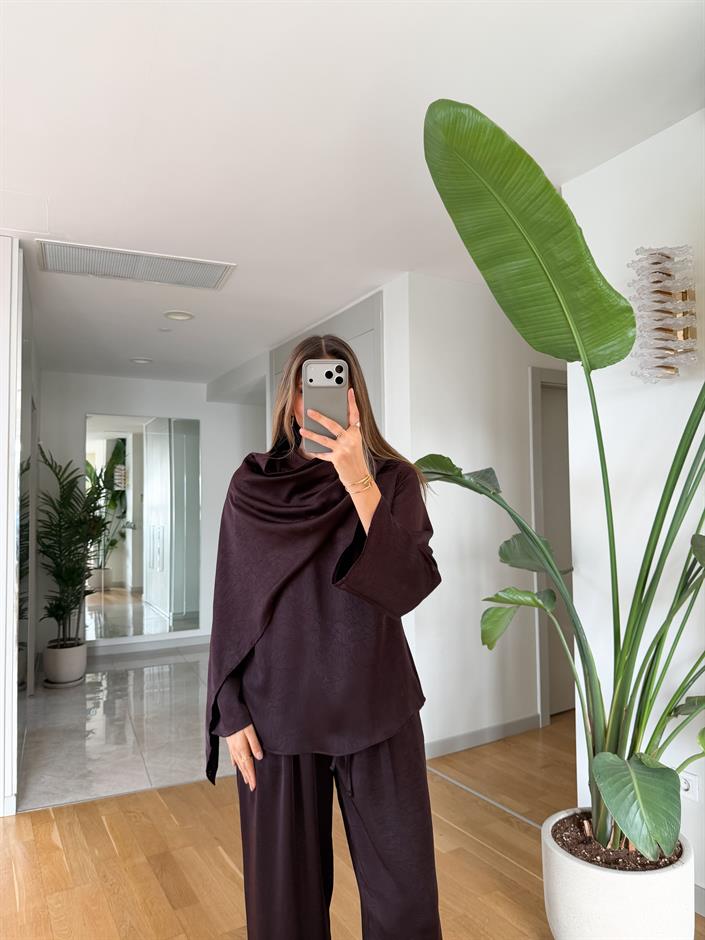 Saten Şallı Bluz Pantolon Takım - Mürdüm