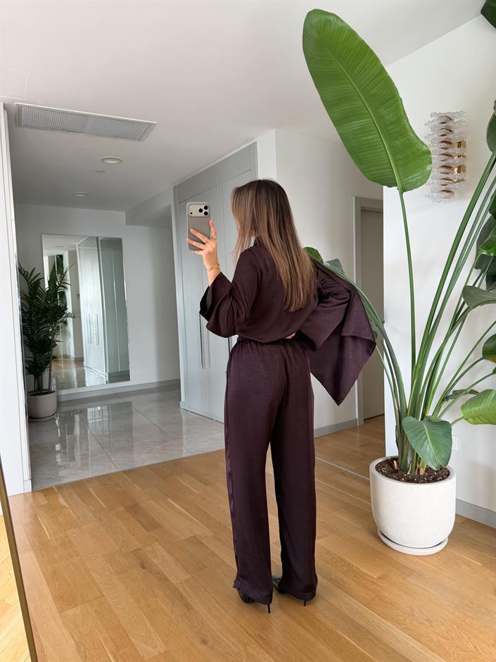 Saten Şallı Bluz Pantolon Takım - Mürdüm