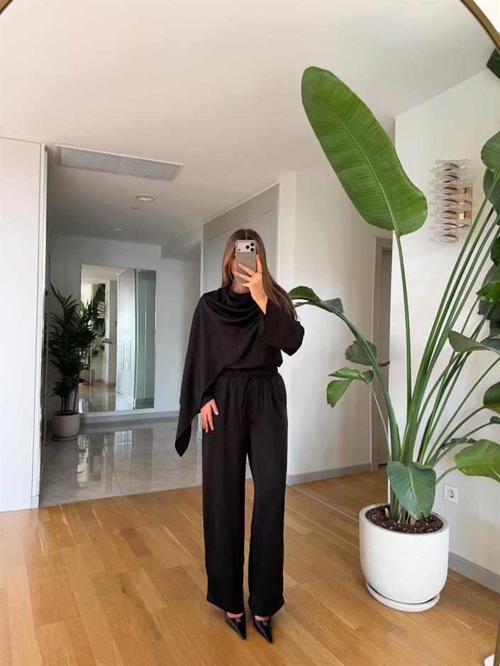 Saten Şallı Bluz Pantolon Takım - Siyah