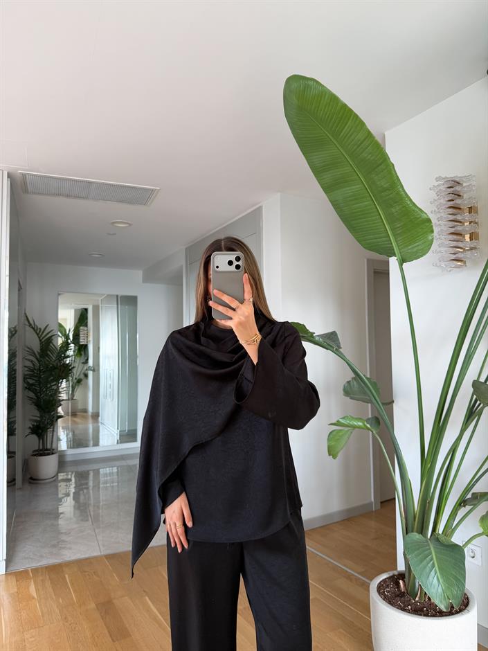 Saten Şallı Bluz Pantolon Takım - Siyah
