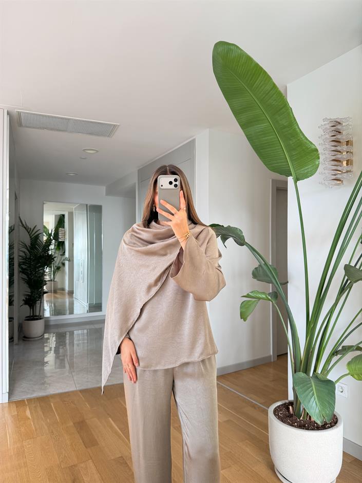 Saten Şallı Bluz Pantolon Takım - Vizon