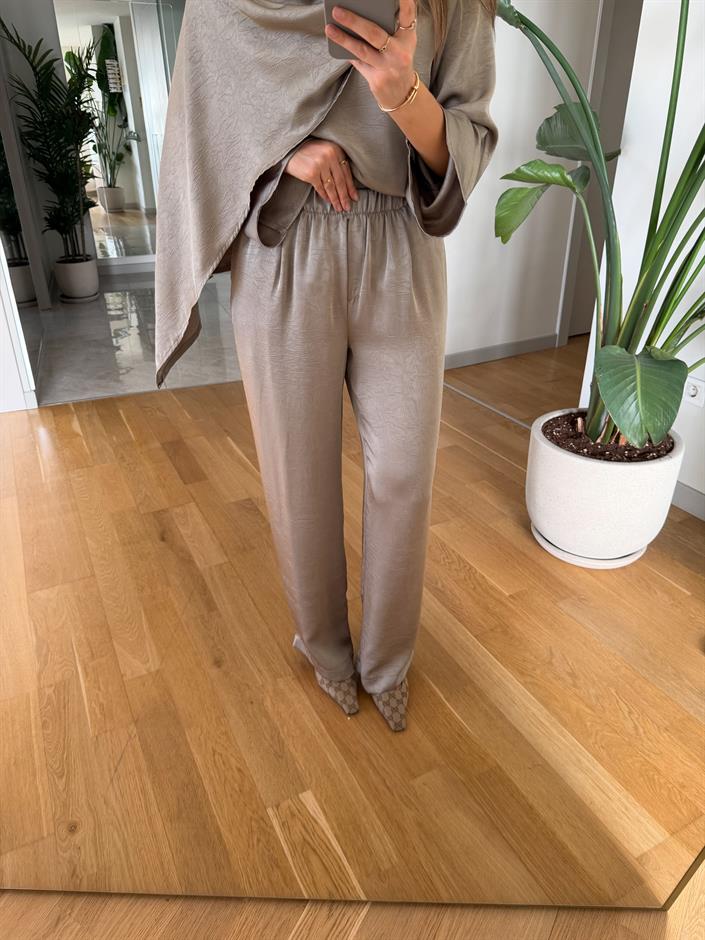 Saten Şallı Bluz Pantolon Takım - Vizon