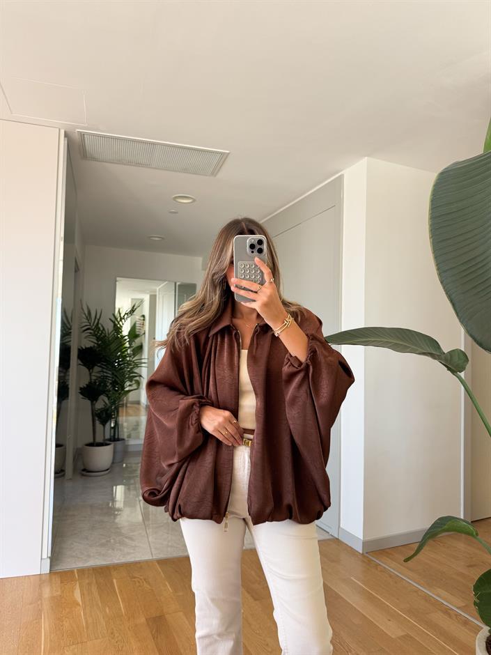 Saten Yarasa Kol Bomber Ceket - Kahve