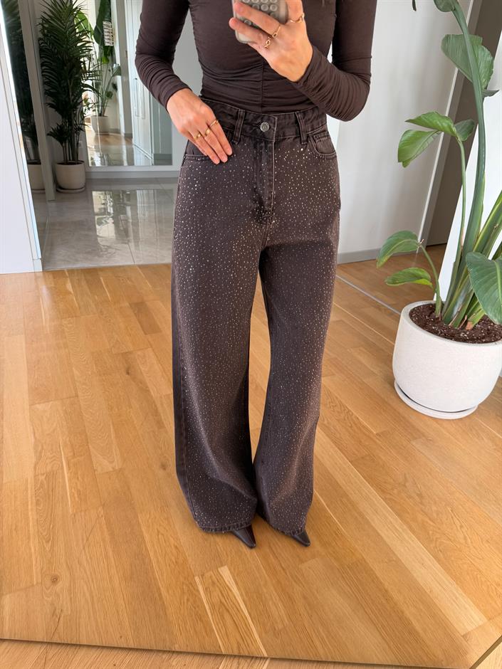 Semon Taşlı Wide Lej Jean - Kahve