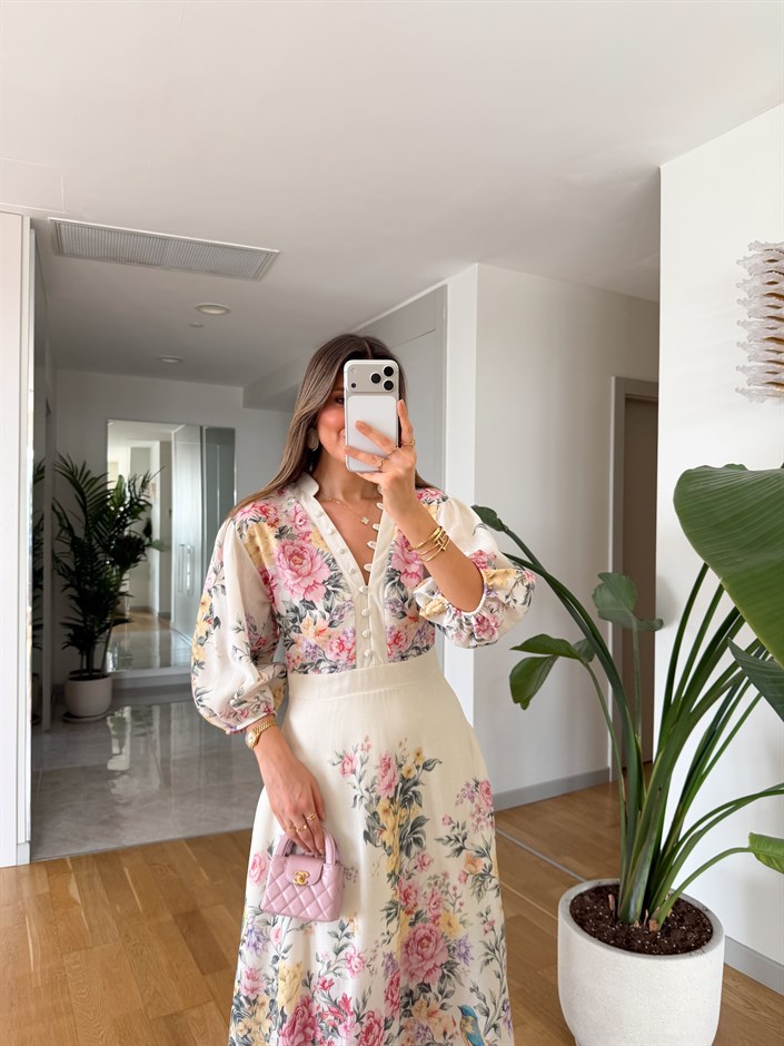 Sheila Floral Desenli Elbise - Ekru