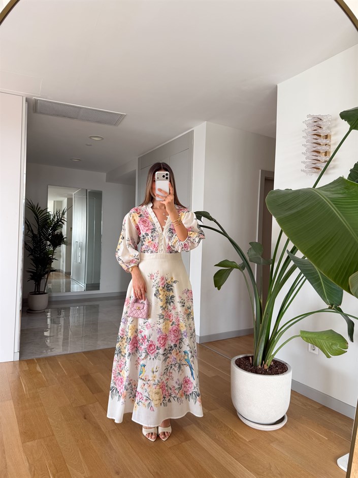 Sheila Floral Desenli Elbise - Ekru