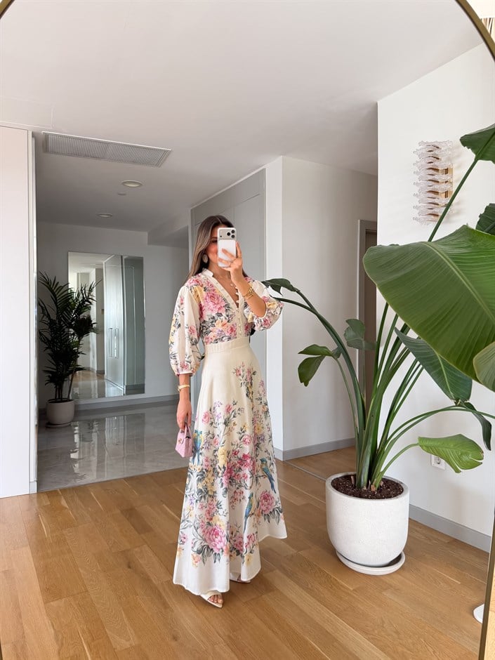 Sheila Floral Desenli Elbise - Ekru