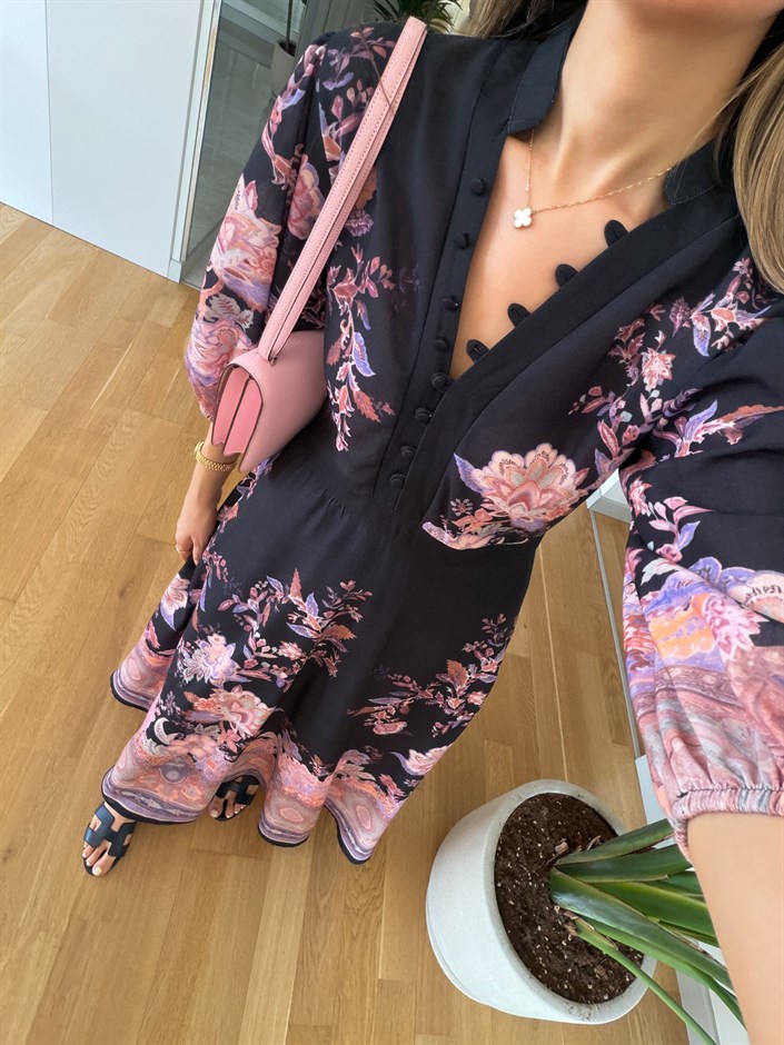 Sheila Floral Desenli Elbise - Siyah
