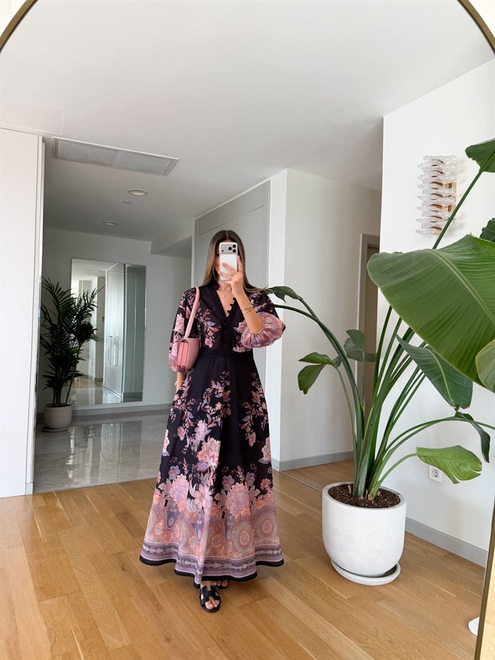 Sheila Floral Desenli Elbise - Siyah