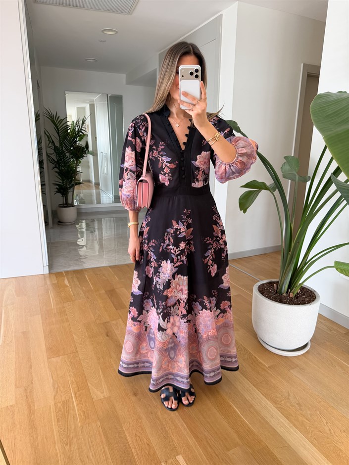 Sheila Floral Desenli Elbise - Siyah