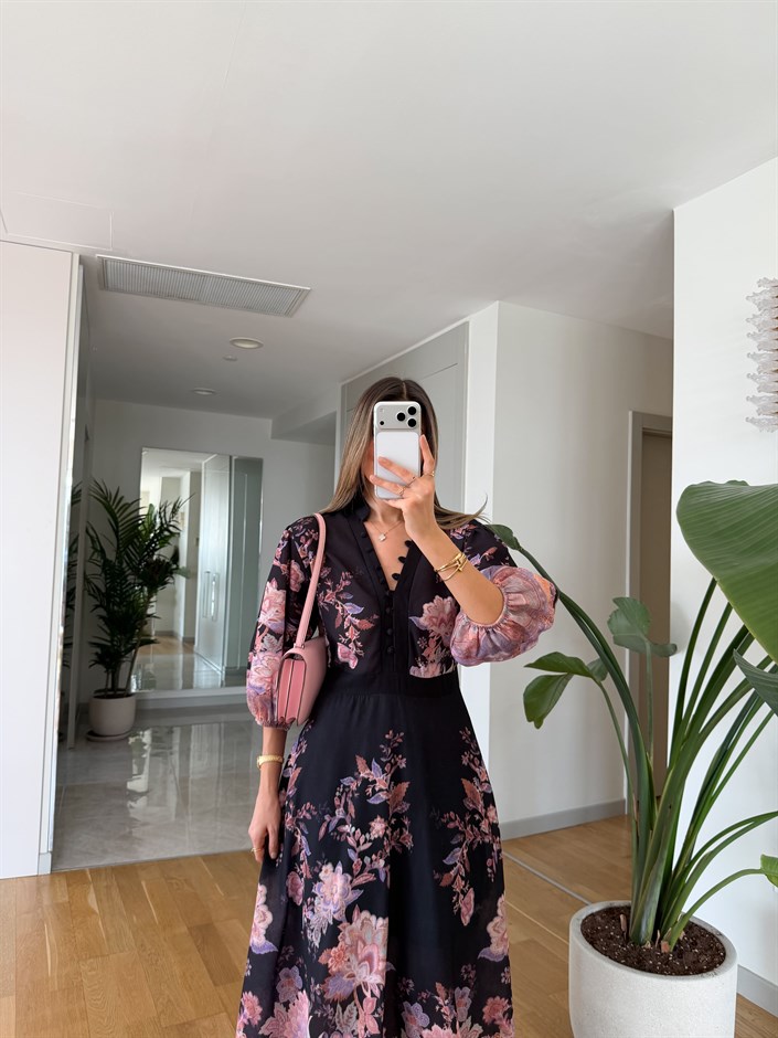 Sheila Floral Desenli Elbise - Siyah