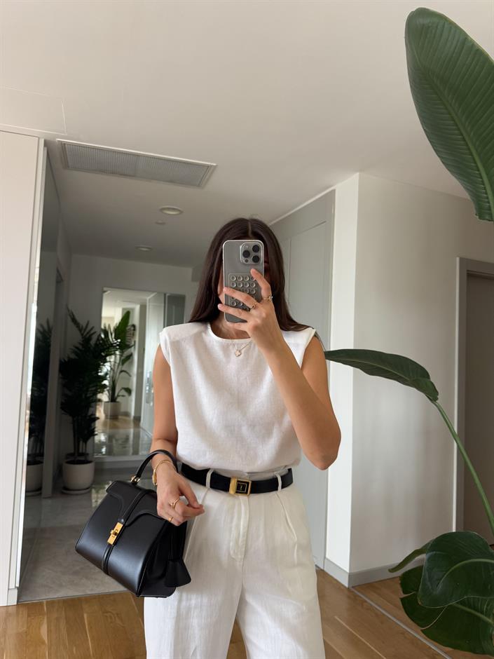 Sienna Pamuk Keten Bluz Pantolon Takım - Beyaz