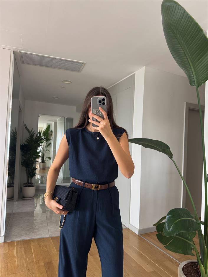 Sienna Pamuk Keten Bluz Pantolon Takım - Lacivert