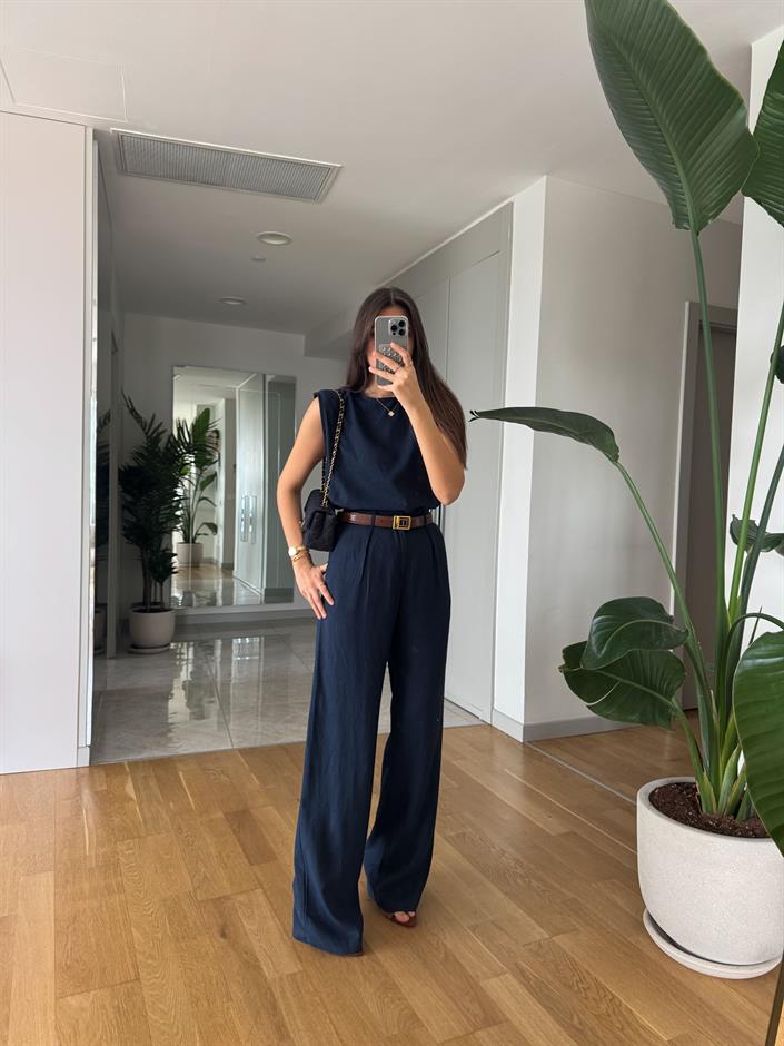 Sienna Pamuk Keten Bluz Pantolon Takım - Lacivert