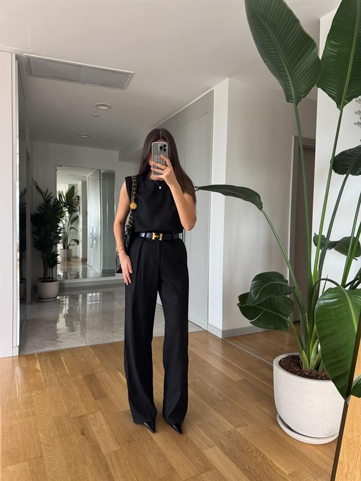 Sienna Pamuk Keten Bluz Pantolon Takım - Siyah