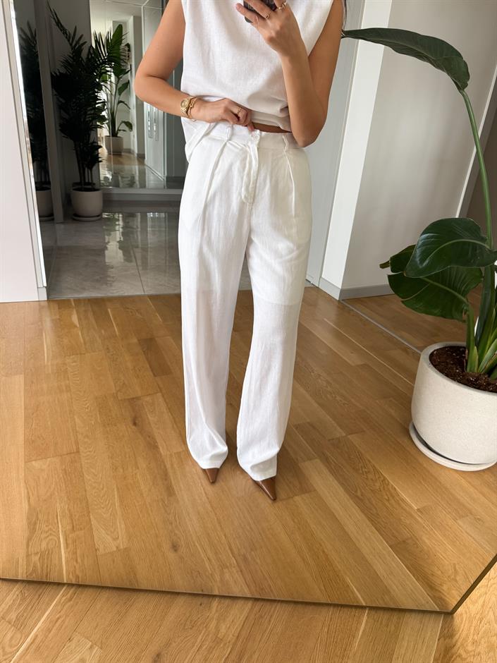Sienna Pamuk Keten Bluz Pantolon Takım - Beyaz