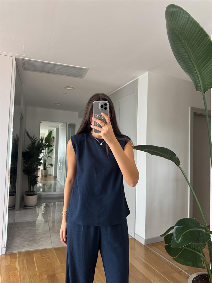 Sienna Pamuk Keten Bluz Pantolon Takım - Lacivert