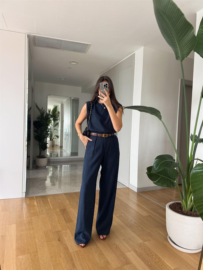 Sienna Pamuk Keten Bluz Pantolon Takım - Lacivert