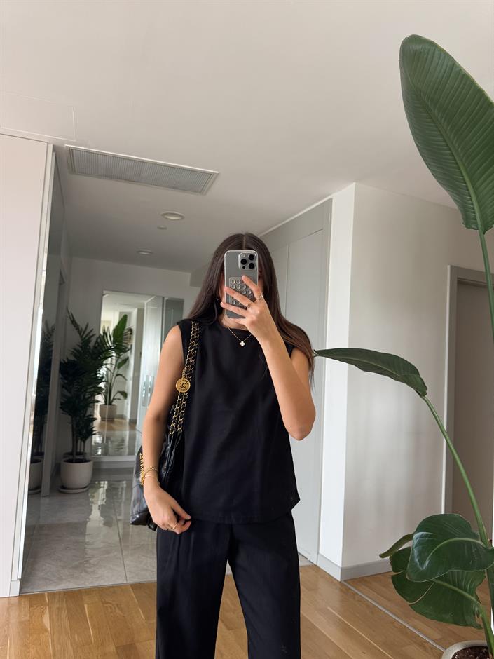 Sienna Pamuk Keten Bluz Pantolon Takım - Siyah