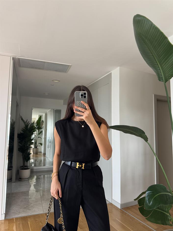 Sienna Pamuk Keten Bluz Pantolon Takım - Siyah