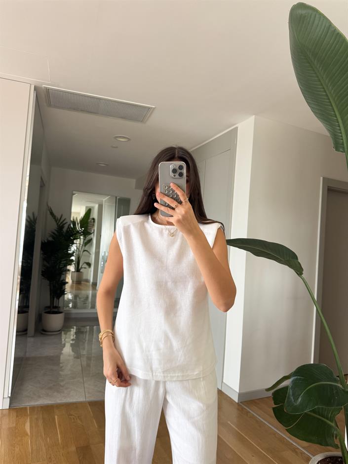 Sienna Pamuk Keten Bluz Pantolon Takım - Beyaz