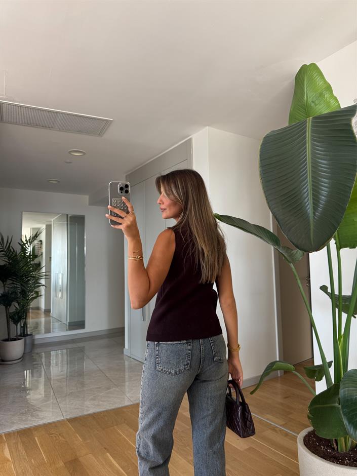 Sıfır Kol Polo Yaka Triko - Kahve