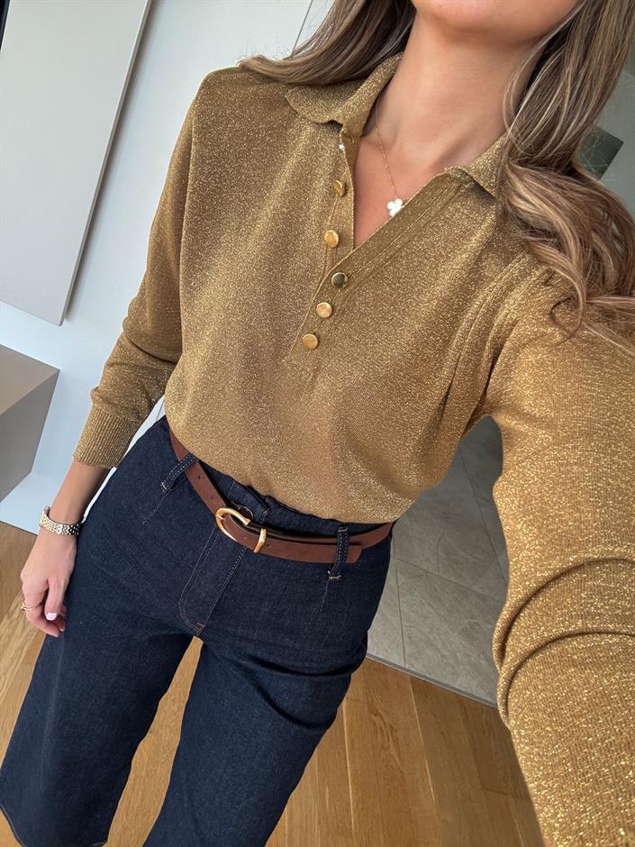 Simli Polo Yaka Triko - Haki 