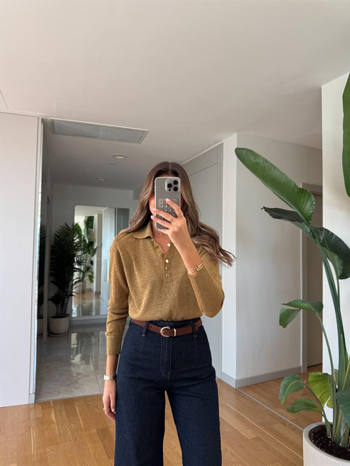 Simli Polo Yaka Triko - Haki 