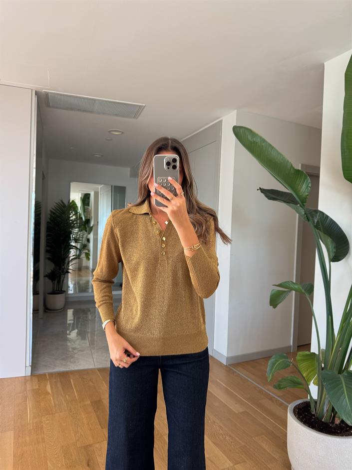 Simli Polo Yaka Triko - Haki 