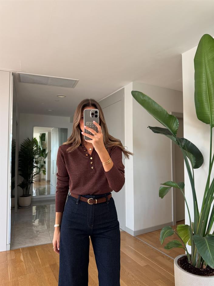 Simli Polo Yaka Triko - Kahve