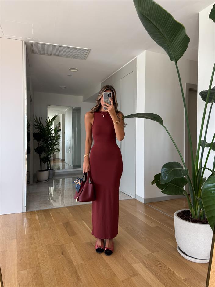 Sindy Sıfır Kol Jarse Elbise - Kiremit