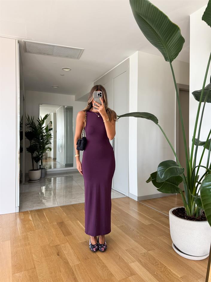 Sindy Sıfır Kol Jarse Elbise - Koyu Mor