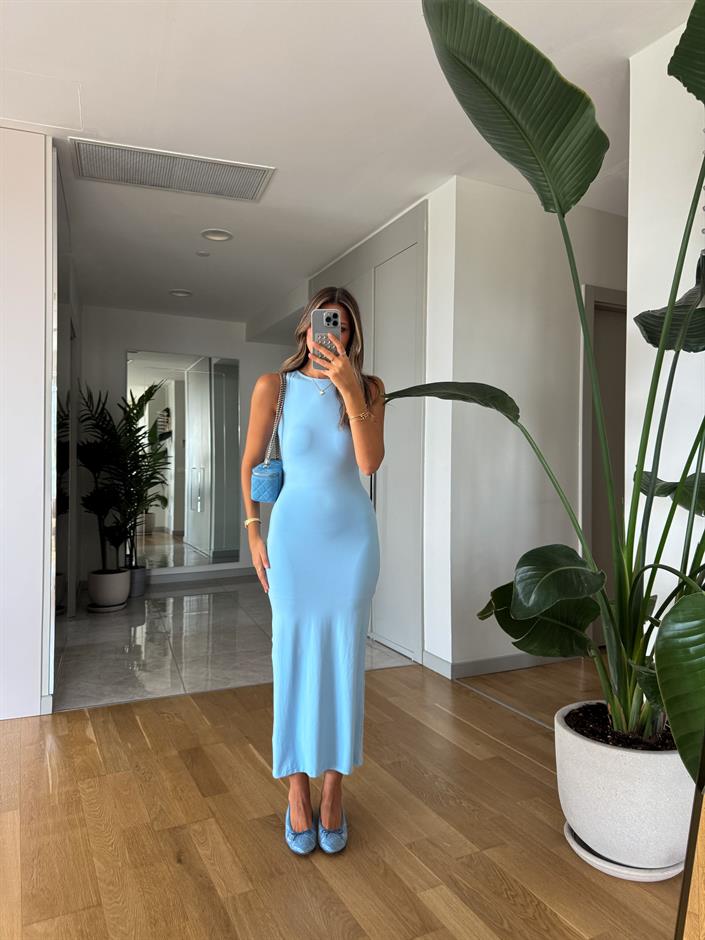 Sindy Sıfır Kol Jarse Elbise - Mavi 